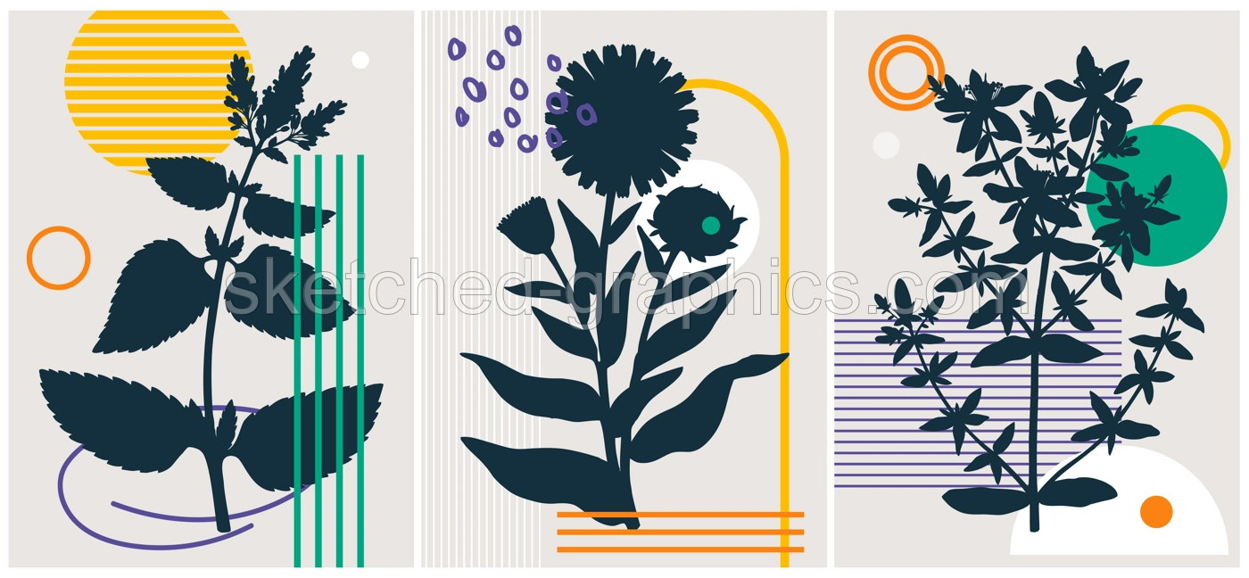 Collage style summer flowers vector illustration. Hand-sketched floral banner. Trendy design with botanical, geometric shapes, and abstract elements. For print, poster, card, social media, wall art. Illustration